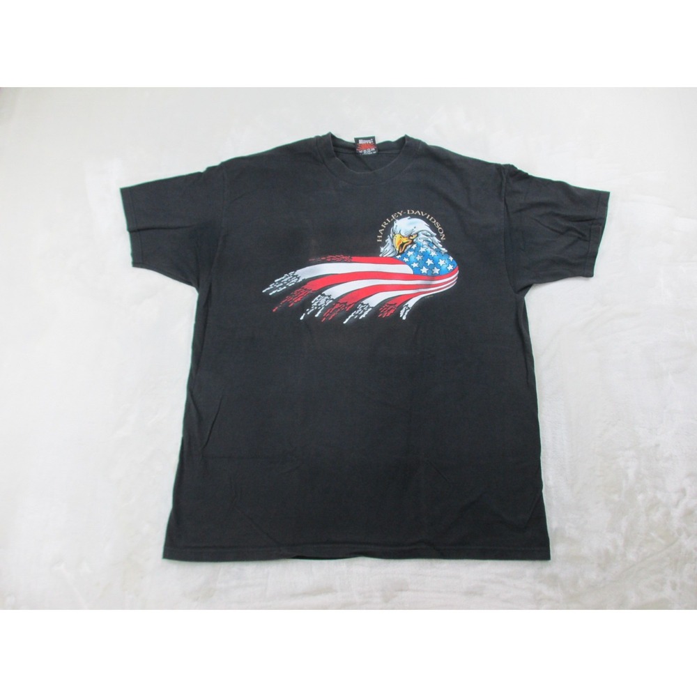 VINTAGE Harley Davidson Shirt Mens Extra Large Black Eagle Flag Motorcycle 1997*